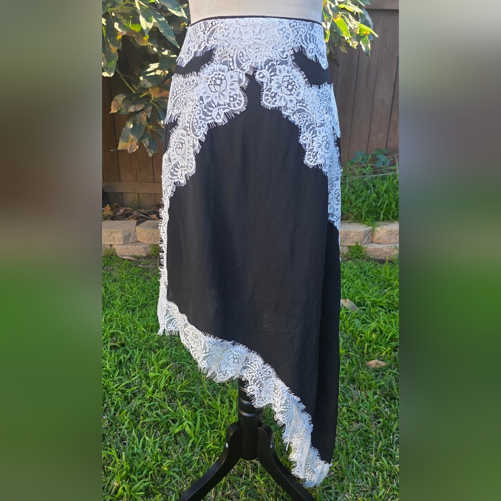 Endless Rose Black Asymmetrical Skirt with White Lace Trim
